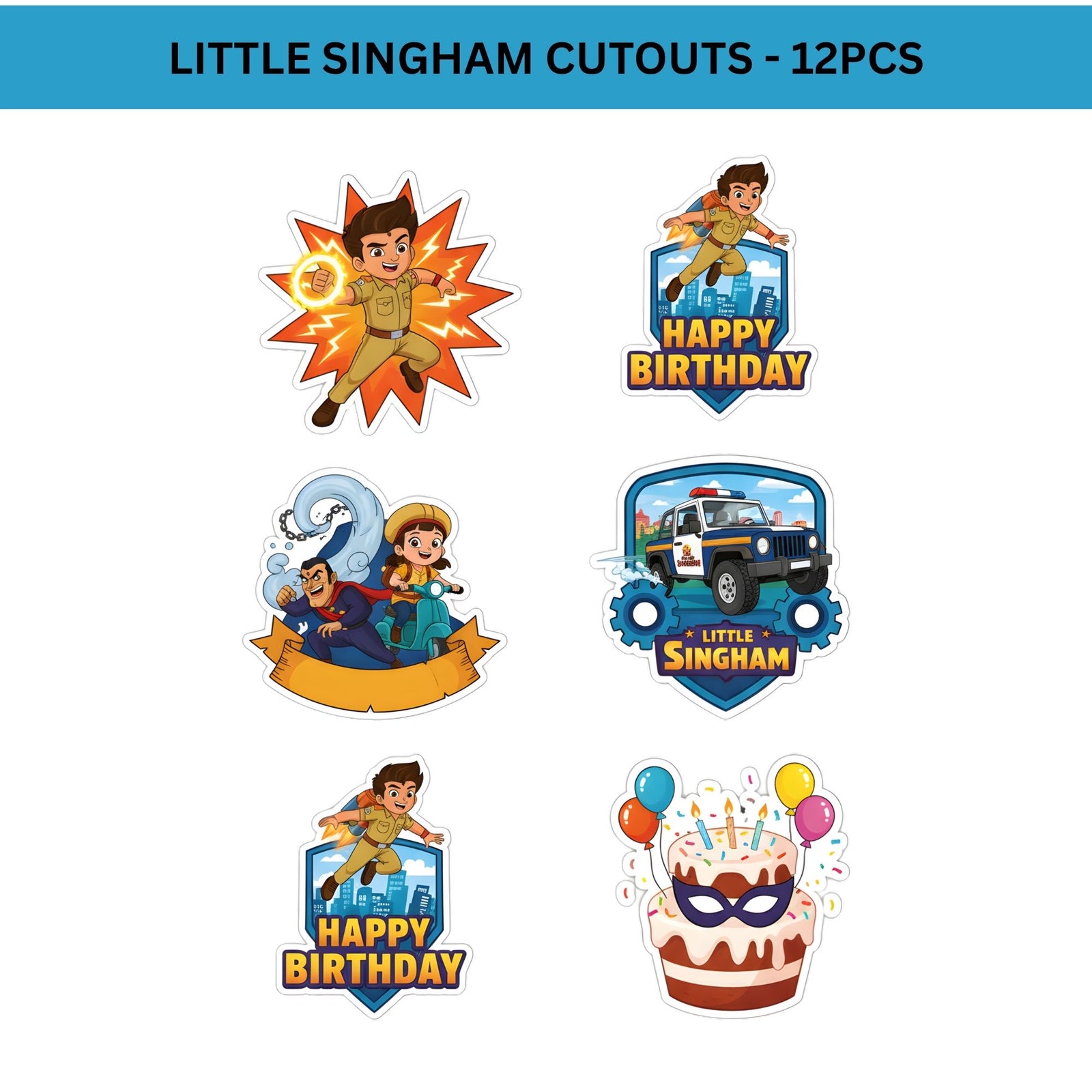 Little Singham Theme Birthday Cutouts (6 inches/250 GSM Cardstock/Mixcolour/12Pcs)