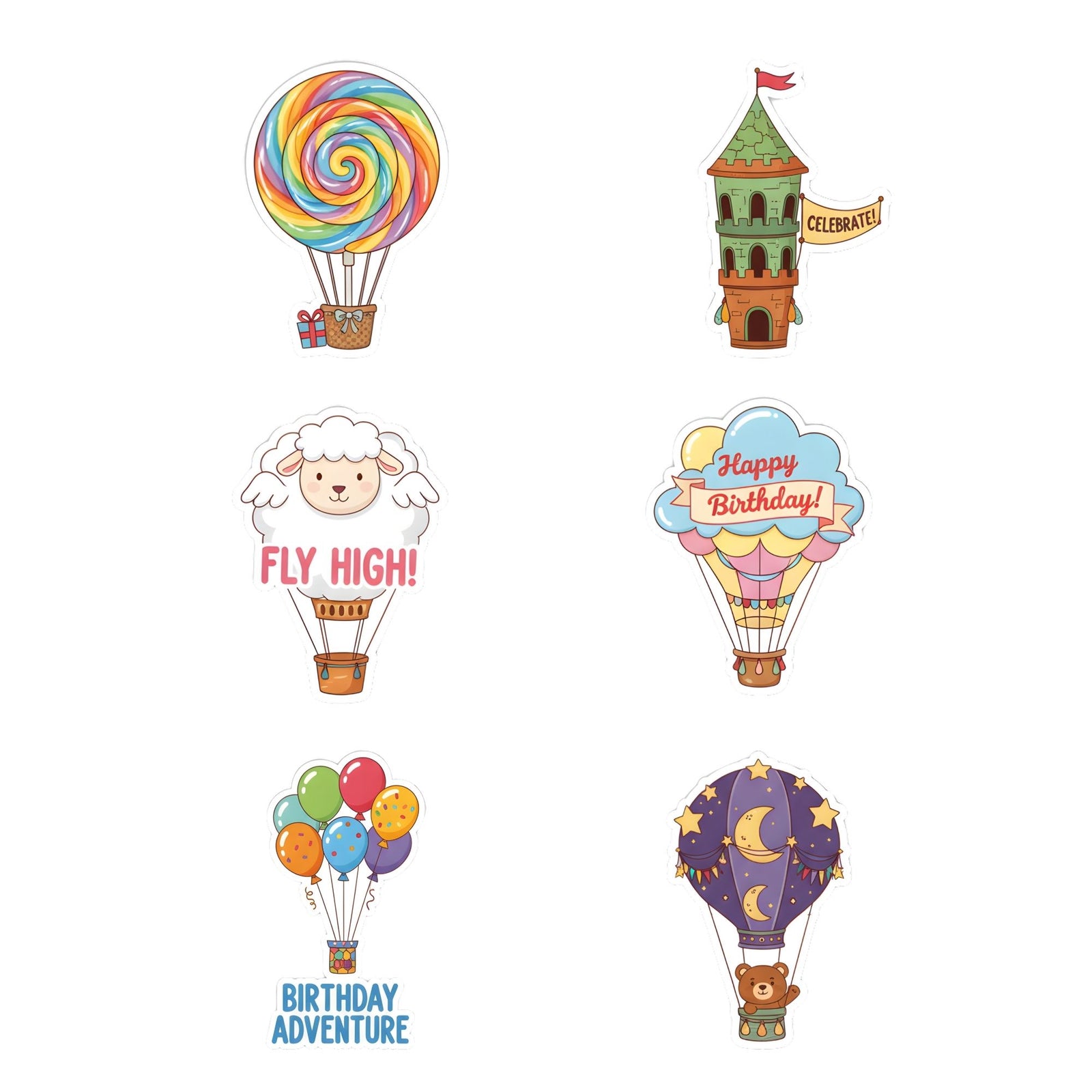 Hot Air Balloon Theme Birthday Cutouts (6 inches/250 GSM Cardstock/Mixcolour/12Pcs)