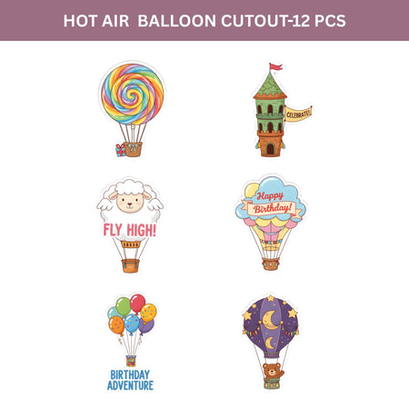 Hot Air Balloon Theme Birthday Cutouts (6 inches/250 GSM Cardstock/Mixcolour/12Pcs)