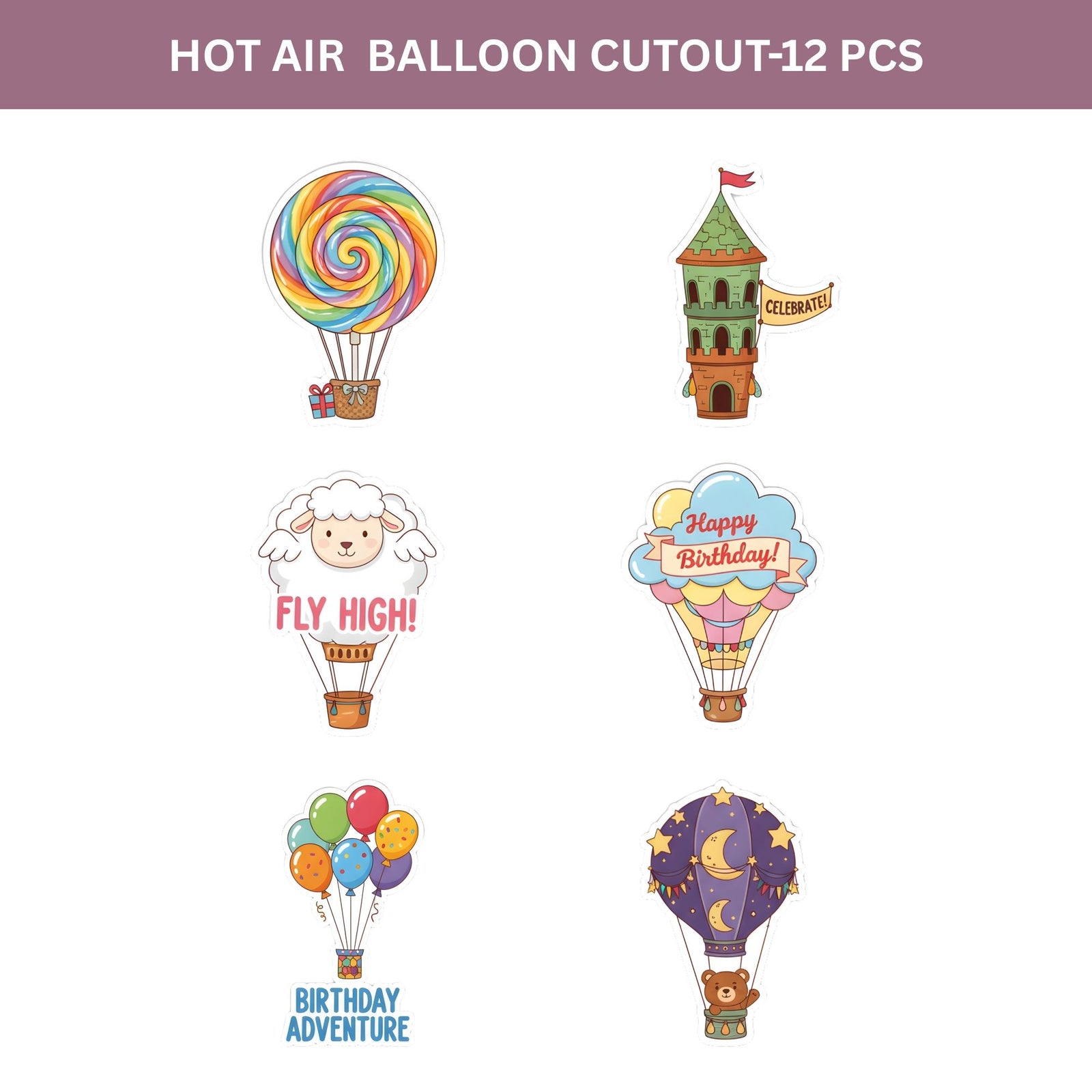 Hot Air Balloon Theme Birthday Cutouts (6 inches/250 GSM Cardstock/Mixcolour/12Pcs)