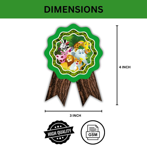 Load image into Gallery viewer, Jungle Theme Birthday Badges for Kids – 4x3 Inch 250gsm Cardstock with Pin | PartyDecor Mall
