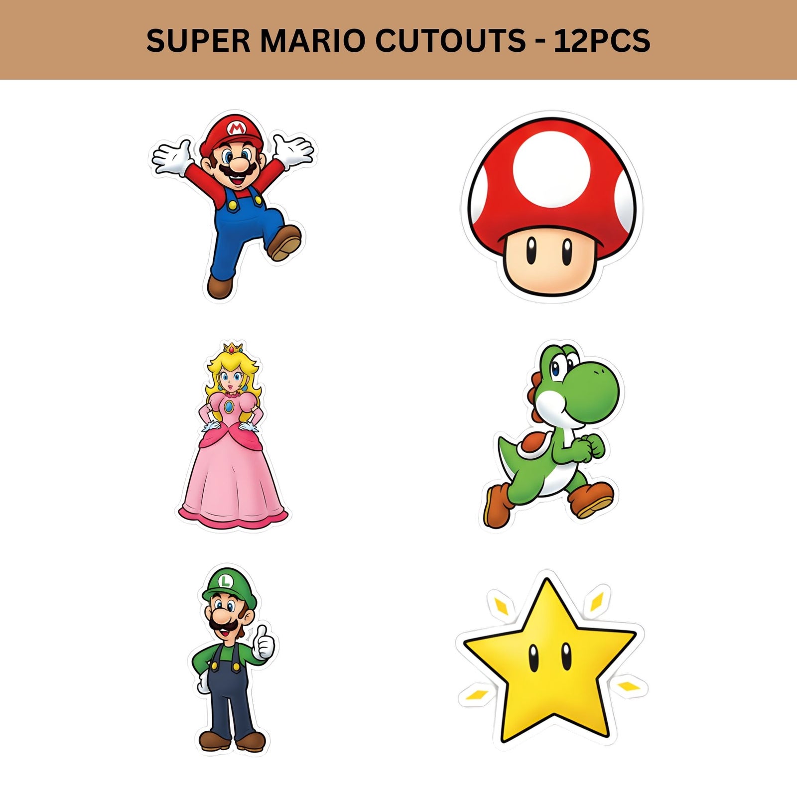 Super Mario Theme Birthday Cutouts (6 inches/250 GSM Cardstock/Mixcolour/12Pcs)