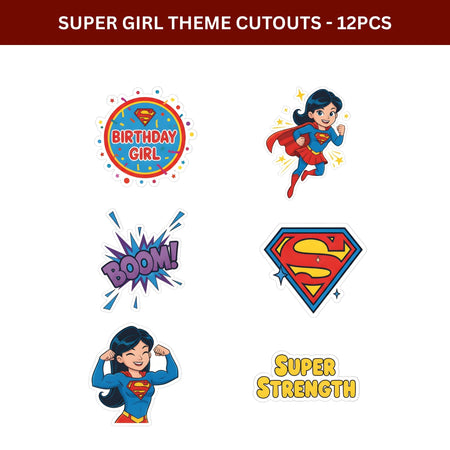 Super Girl Theme Birthday Cutouts (6 inches/250 GSM Cardstock/Mixcolour/12Pcs)