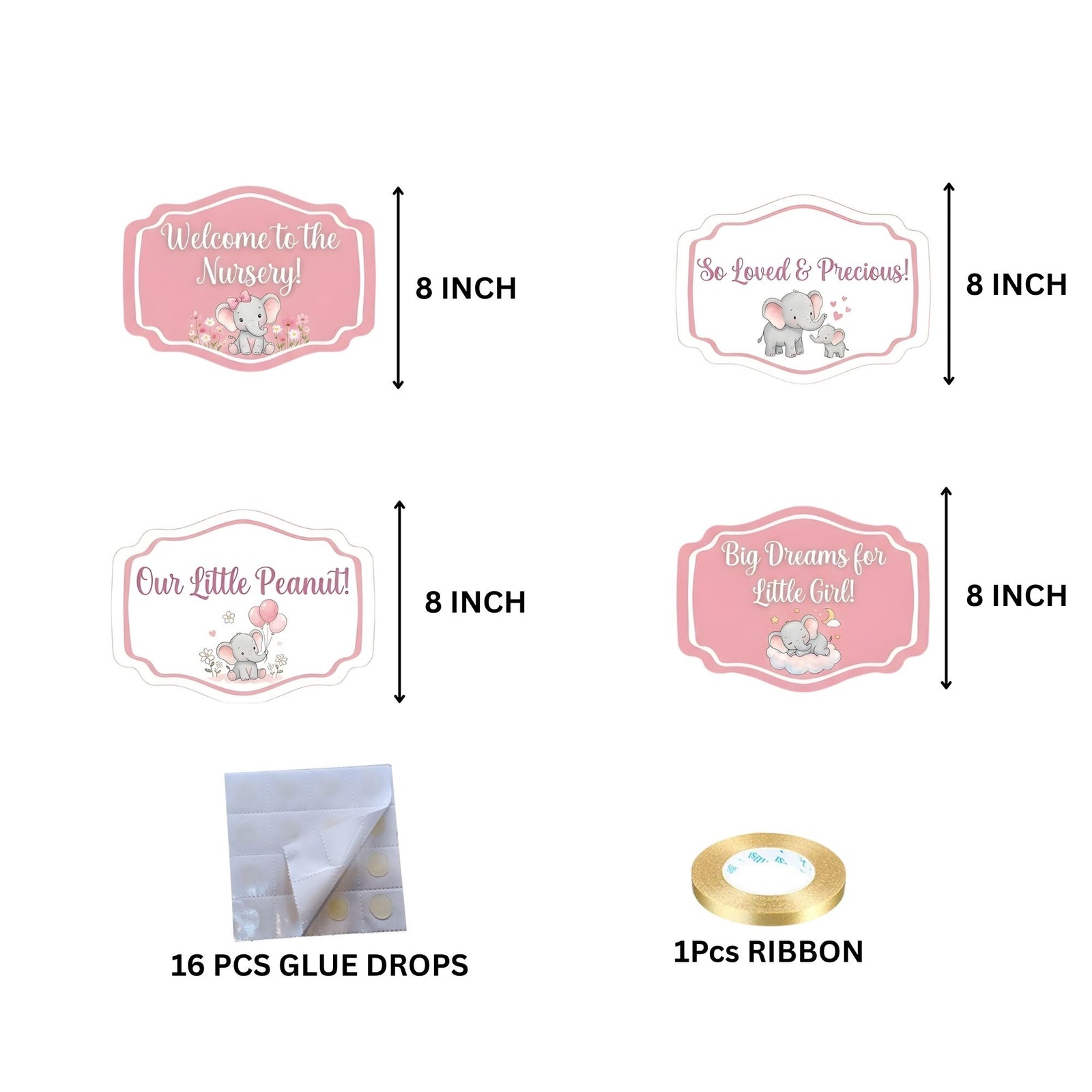 Baby Elephant Girl Door/Wall Hanging Dangler- (42 Inches/250 GSM Cardstock/Pink & White/6Pcs)