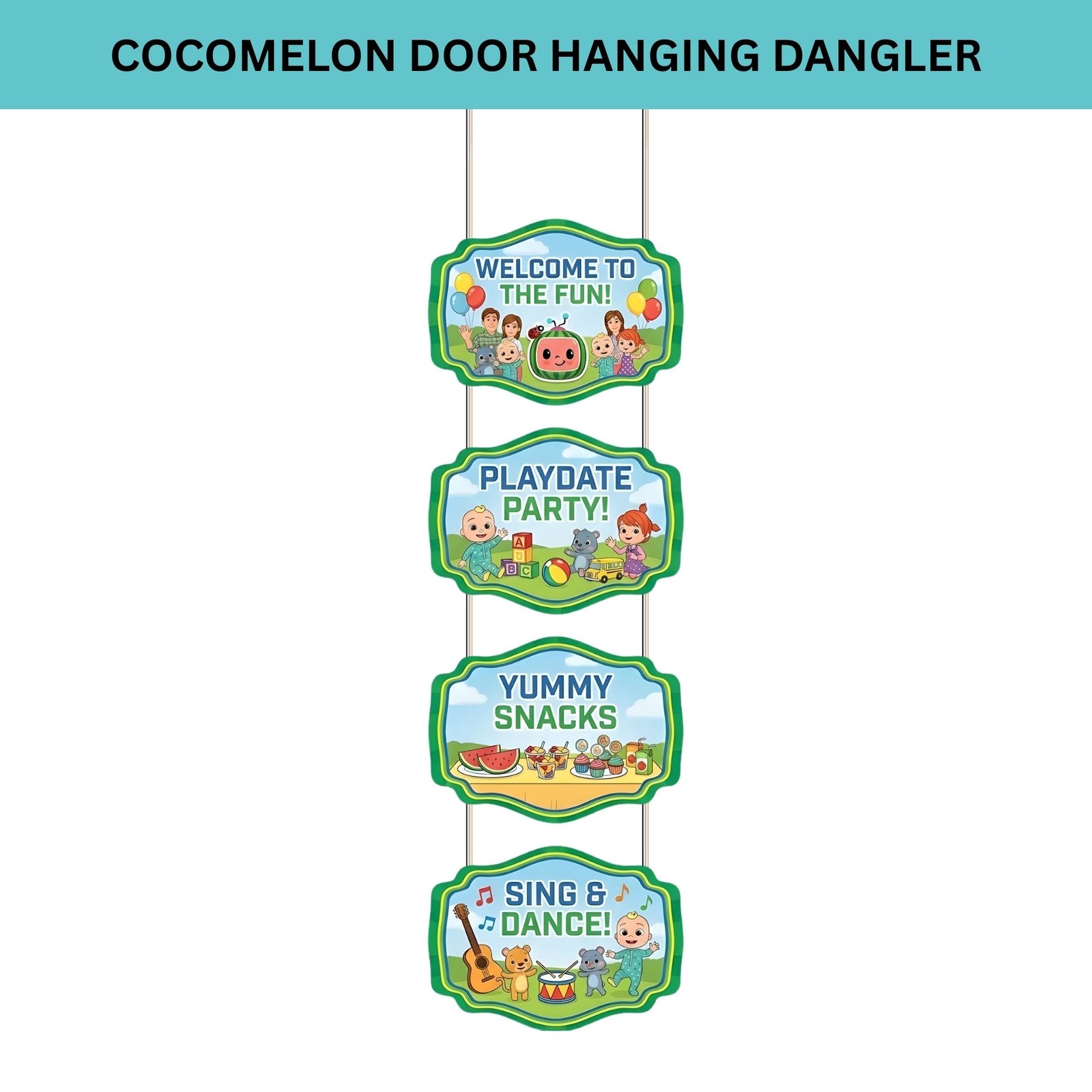 Cocomelon Door/Wall Hanging Dangler- (42 Inches/250 GSM Cardstock/Green & Blue/6Pcs)