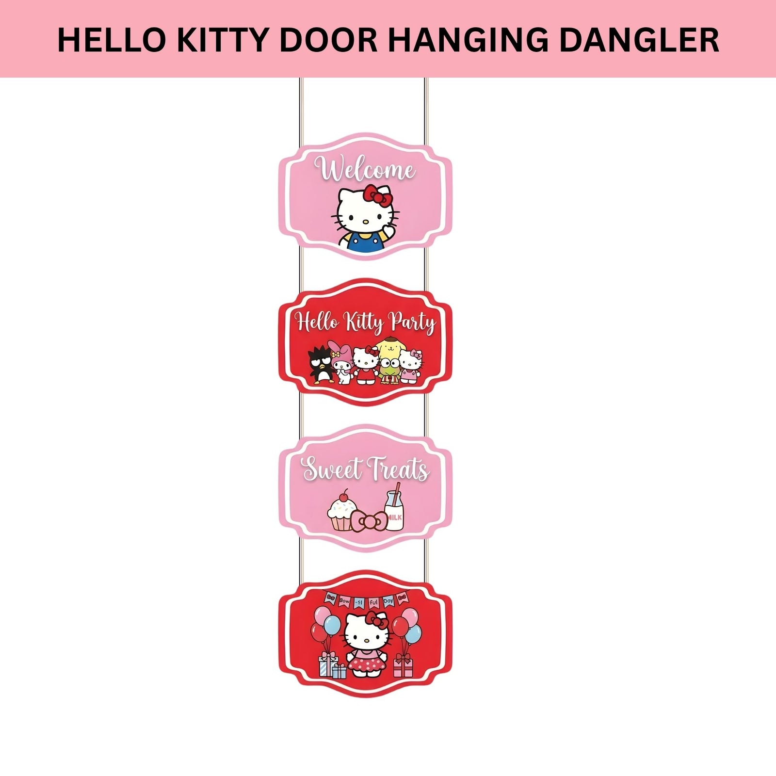 Hello Kitty Door/Wall Hanging Dangler- (42 Inches/250 GSM Cardstock/Pink & Red/6Pcs)