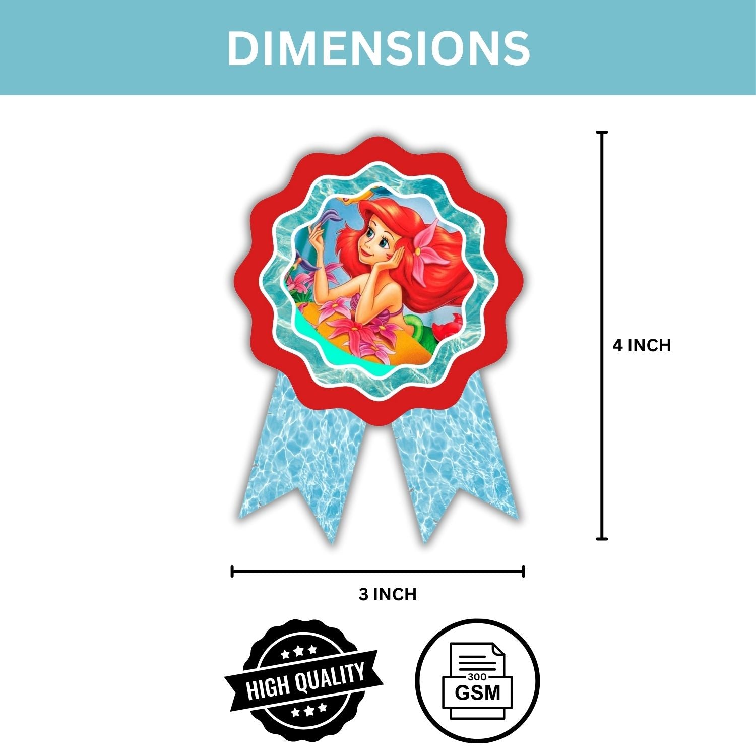 Mermaid Theme Birthday Badges for Kids – 4x3 Inch 250gsm Cardstock with Pin | PartyDecor Mall (Mermaid)