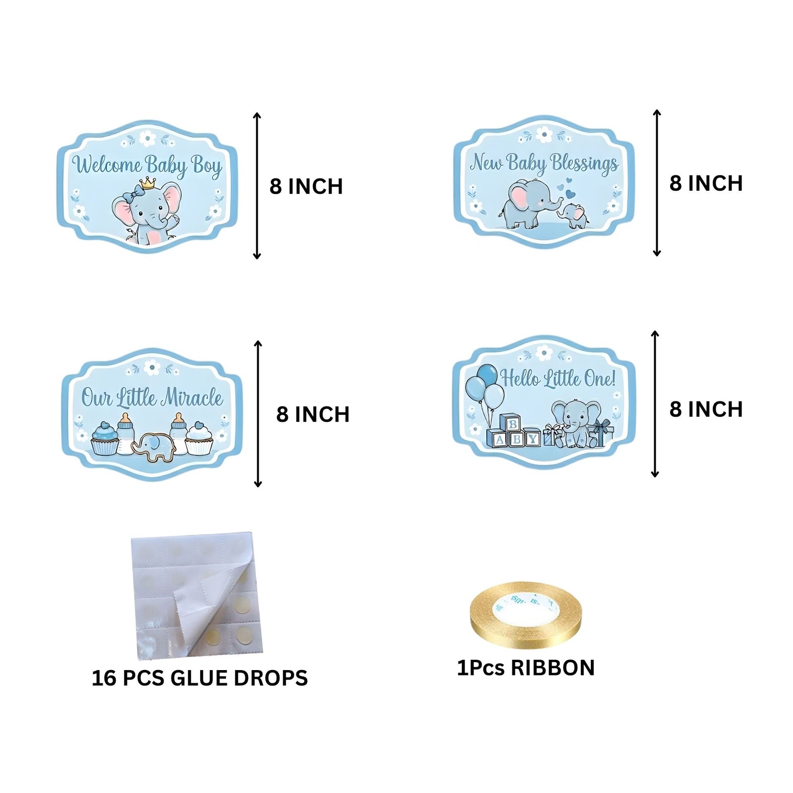 Welcome Baby Elephant Boy Door/Wall Hanging Dangler- (42 Inches/250 GSM Cardstock/Blue & White/6Pcs)