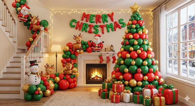 Christmas decorations with gifts and tree