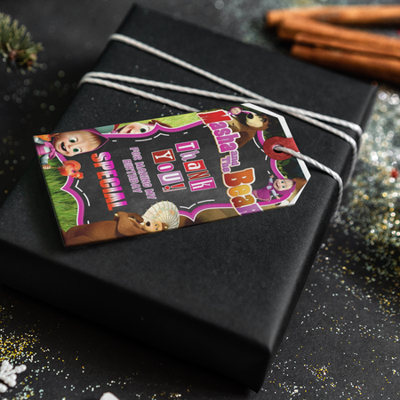 PartyDecor Mall Masha & The Bear Theme Thank You Cards & Return Gift Tags - 30Pcs, 2x3.5, 250 GSM Cardstock, Green & Black (Masha & The Bear)