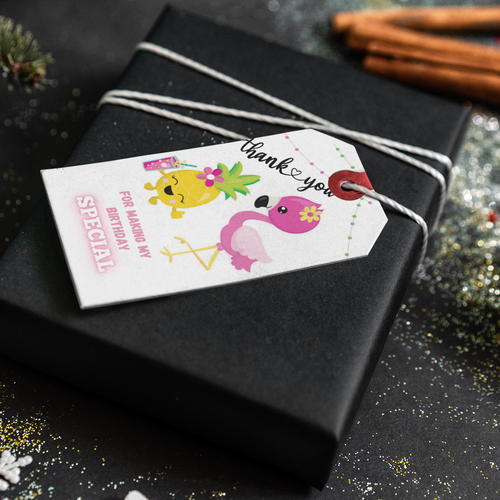 Load image into Gallery viewer, Flamingo Kids Theme Thank You Cards &amp; Return Gift Tags - 30Pcs, 2x3.5, 250 GSM Cardstock, Green &amp; Black (Flamingo Kids)
