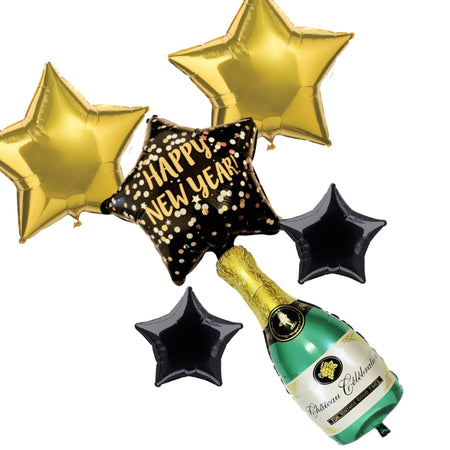 Welcome Happy New Year Foil Balloons for New Year Celebration Decoration (Champagne Bottle, Star Foil Balloons)