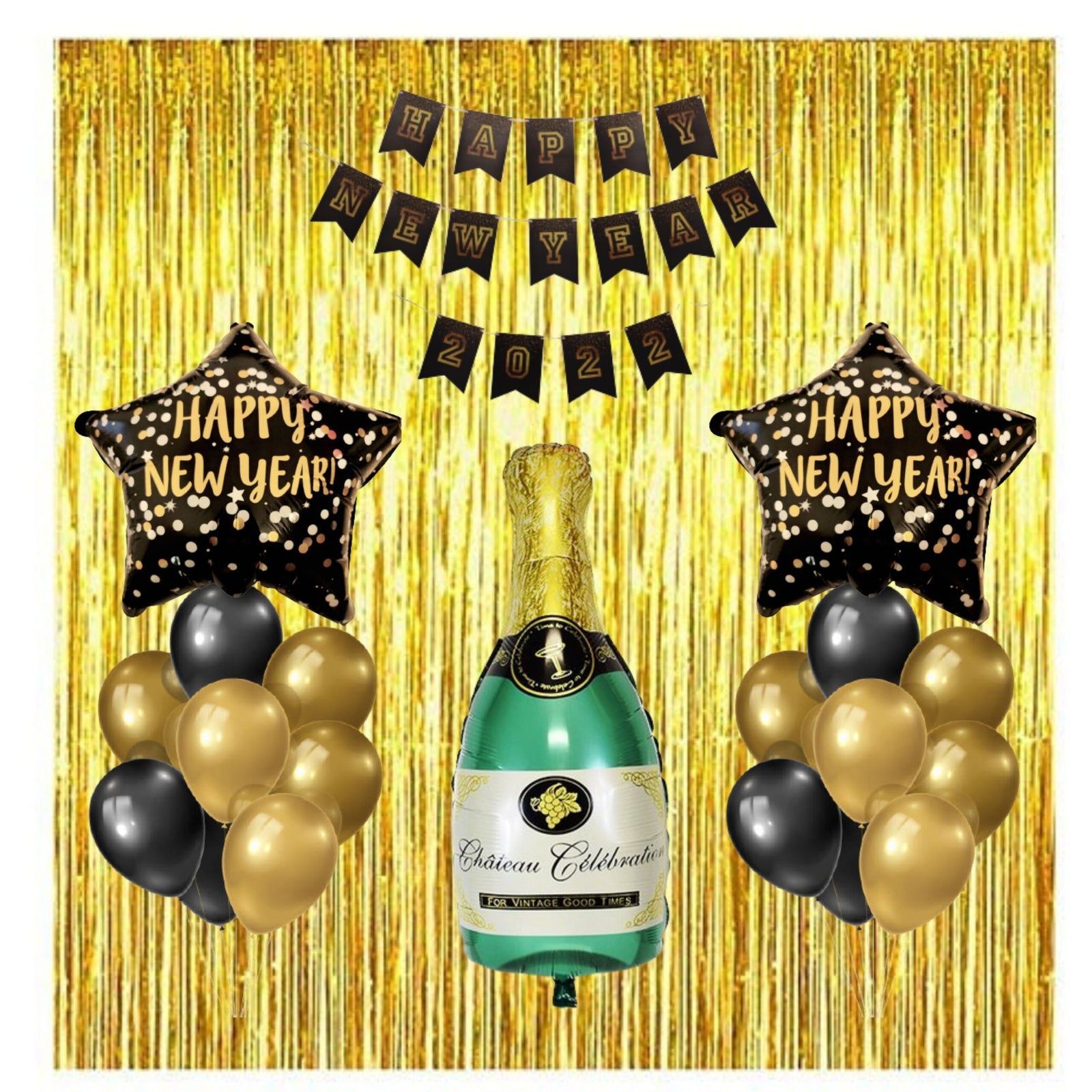 Happy New Year Banner for Decorations 2023 – Black and Gold Letters Banner, Golden Foil Curtain & Large Size Champagne and Latex Balloons (58 pcs )