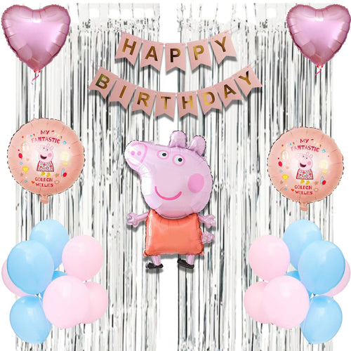 Load image into Gallery viewer, 40Pcs Peppa Pig Theme Birthday Decoration  for Baby Kids Girls Boys, Peppa Pig Foil Balloon &amp; Banner, Pastel Pink &amp; Blue Balloons, Silver Curtains
