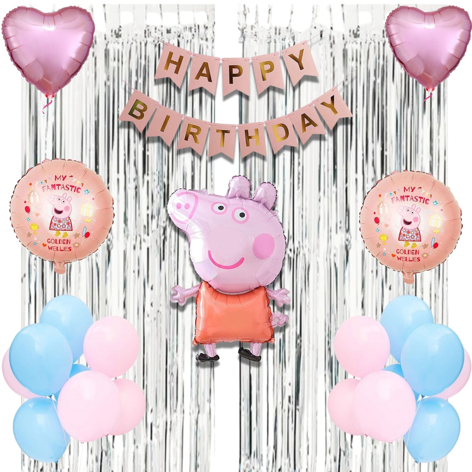 40Pcs Peppa Pig Theme Birthday Decoration  for Baby Kids Girls Boys, Peppa Pig Foil Balloon & Banner, Pastel Pink & Blue Balloons, Silver Curtains