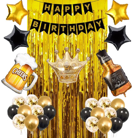 36Pcs Balloons Decorations Kit, Age Perfect, Cheers Mug Foil Balloon, Crown Foil, Star Foil, Metallic Balloons With Gold Curtain