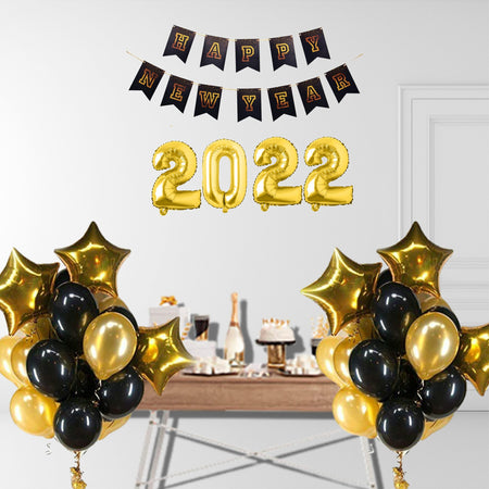 Happy New Year Foil Balloons for New Year Celebration Decoration (Golden and Black)