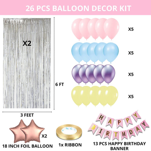 Load image into Gallery viewer, 26PCS Happy Birthday Pastel Pink, Blue, Yellow &amp; Purple Balloon Decor Kit
