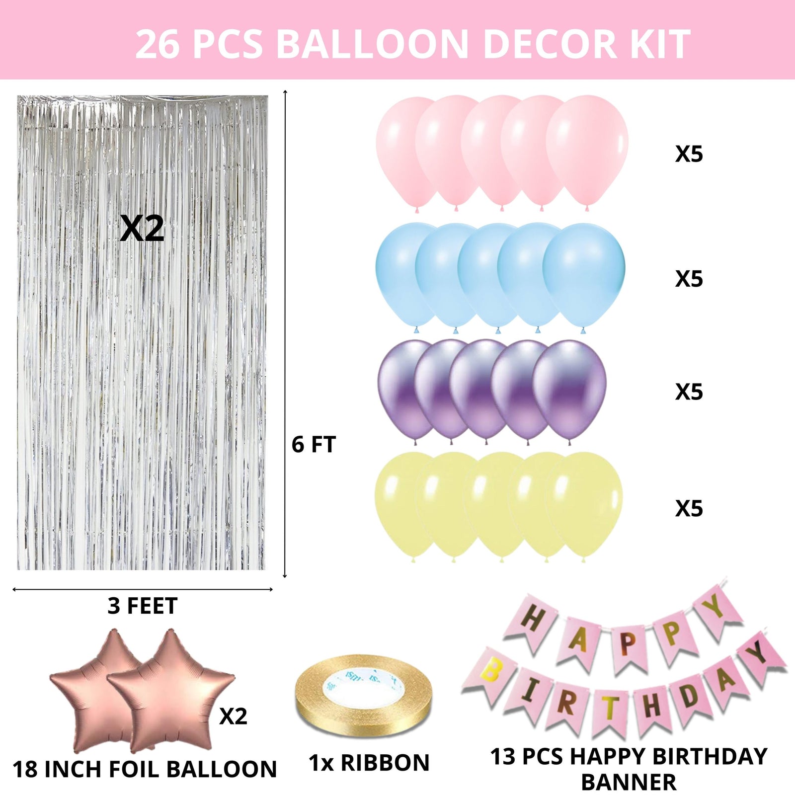 26PCS Happy Birthday Pastel Pink, Blue, Yellow & Purple Balloon Decor Kit