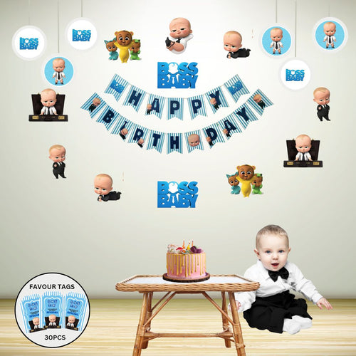 Load image into Gallery viewer, Boss Baby Boy Adventure Birthday Party Decorations - Banner, Cutouts, Favor Tags, Danglers (6 inches/250 GSM Cardstock/Mixcolour/61Pcs)
