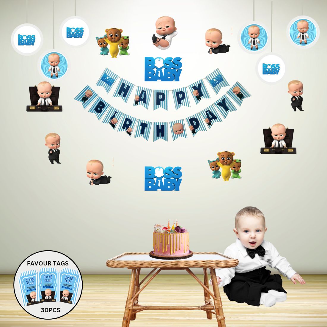Boss Baby Boy Adventure Birthday Party Decorations - Banner, Cutouts, Favor Tags, Danglers (6 inches/250 GSM Cardstock/Mixcolour/61Pcs)