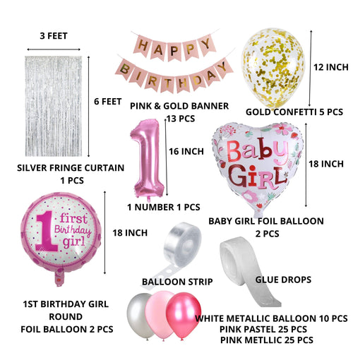 Load image into Gallery viewer, 1st Birthday Decoration For Girl Happy Birthday Foil Balloon, Metallic Balloons Combo Girls Birthday Supplies (109 Pcs)
