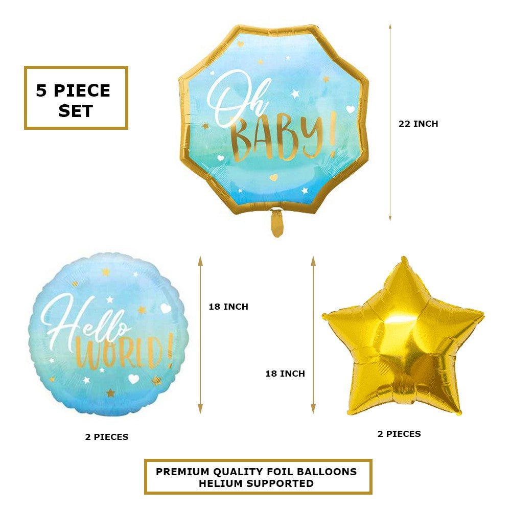 Oh Baby Blue Foil Balloon Hello World Welcome New Born Baby Decorative Foil Balloon Set of 5