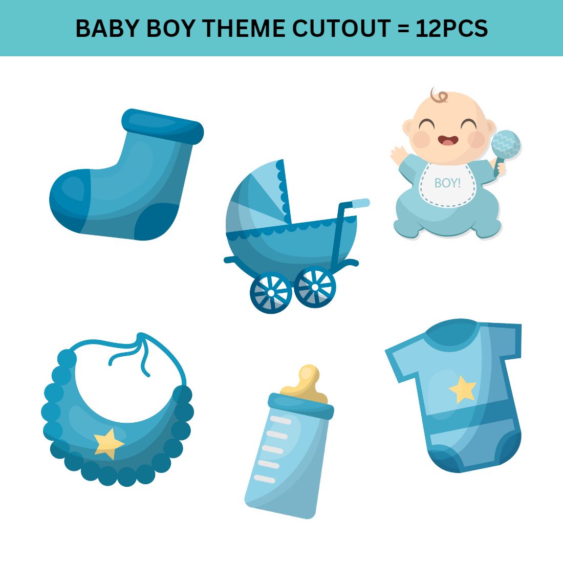Baby Boy Theme Cutout - (6 inches/250 GSM Cardstock/Blue & Lightblue/12Pcs)