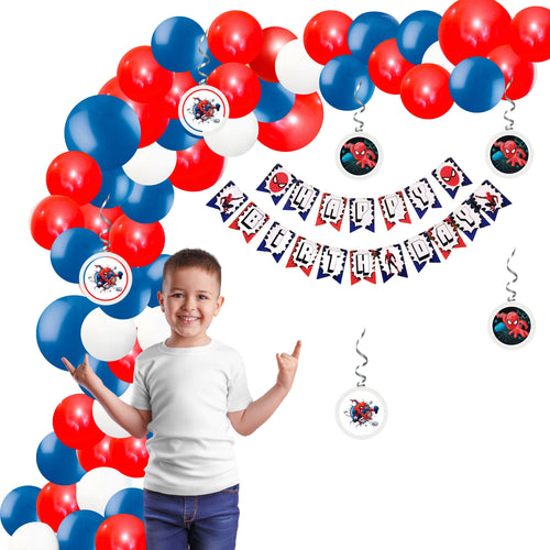Load image into Gallery viewer, 54Pcs Spider superhero Theme Birthday Decoration for Baby Kids Boys, Spider Superhero Banner &amp; Red, White &amp; Blue Balloons,
