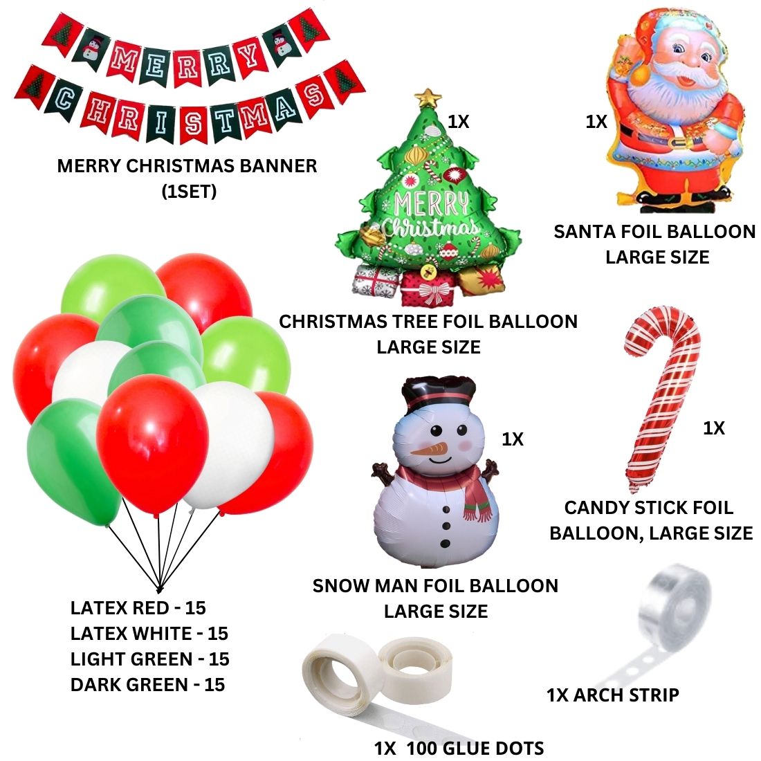 Merry Christmas Decoration DIY KIT - Merry Christmas Banner, Red White Light Green & Dark Green Balloons