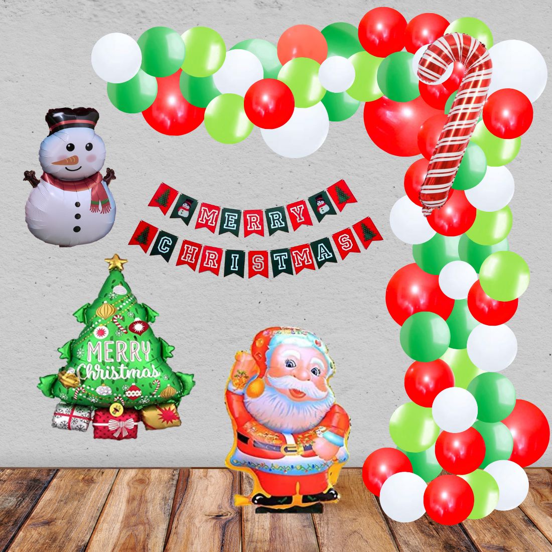 Merry Christmas Decoration DIY KIT - Merry Christmas Banner, Red White Light Green & Dark Green Balloons