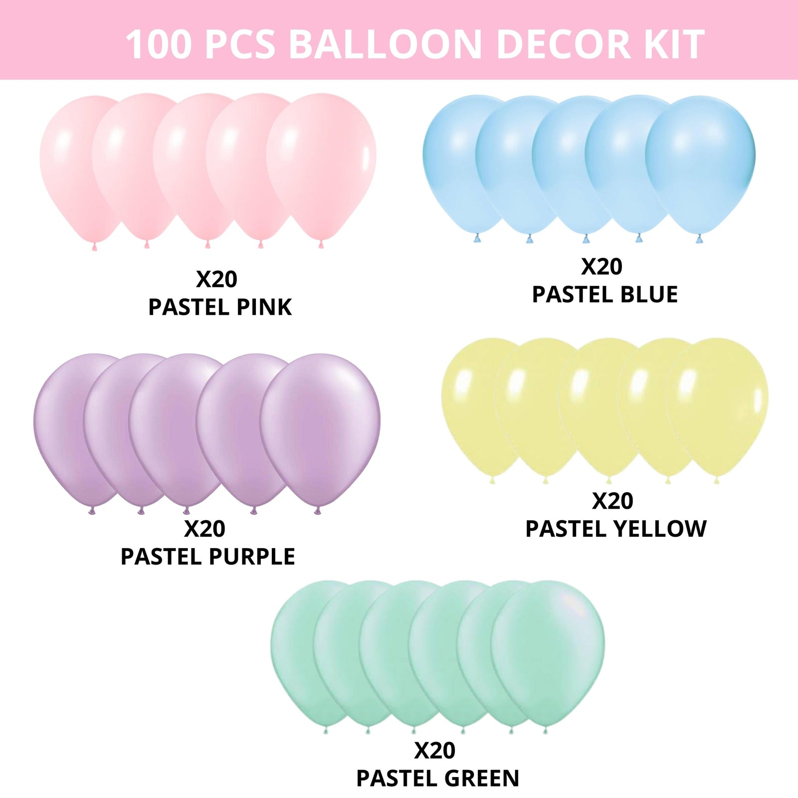 100PCS Pastel Balloon Pink, Blue, Yellow, Purple & Pastel Green Balloon Decor Kit