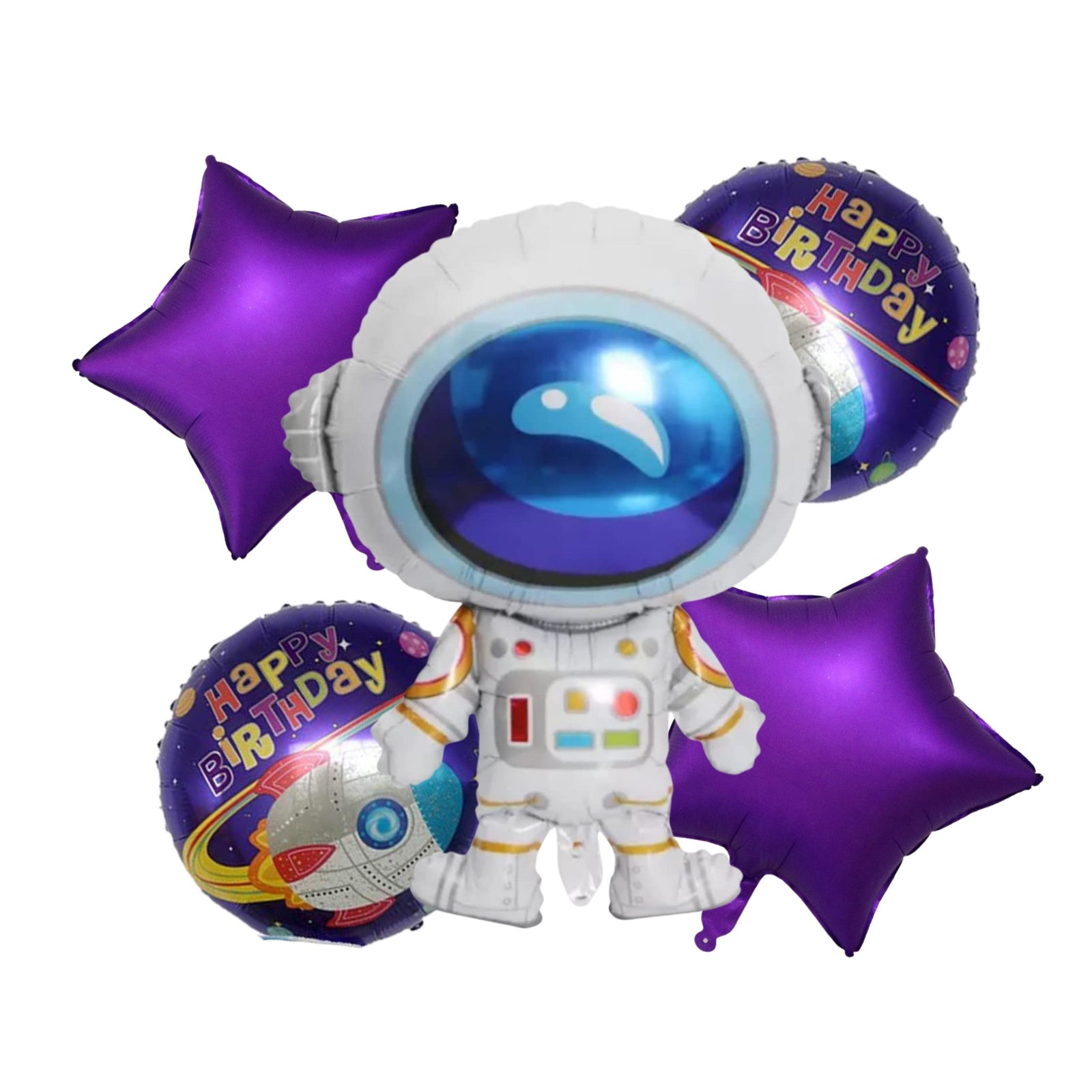 Party Decor Mall – Astronaut Happy Birthday Foil Balloon Set for Space Purple Theme Birthday Party – Pack of 5