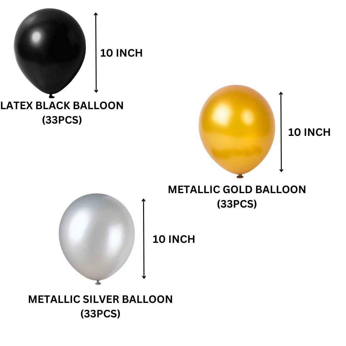 100Pcs Black, Golden and Silver Metallic Balloons For Ballons
