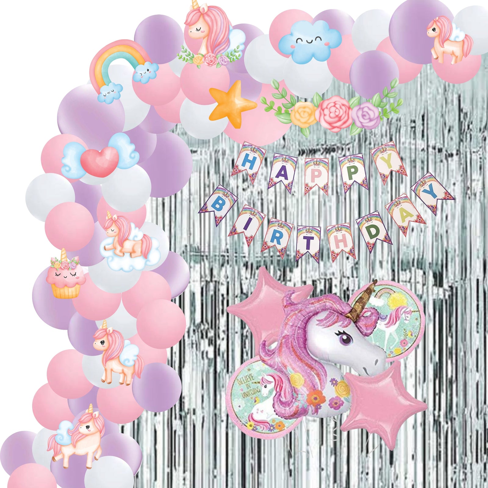 Unicorn Theme Balloon Decor DIY Kit, Balloon, Birthday Banner, Cutouts, Foil Balloons, Backdrop Fringe Curtain - (Pink) (81 Pcs)
