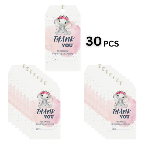 Load image into Gallery viewer, Baby Elephant Girl Theme Birthday Favour Tags (2 x 3.5 inches/250 GSM Cardstock/White, Pink, Grey, Black/30Pcs)
