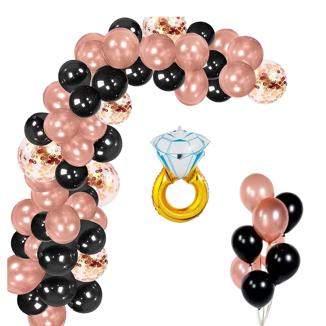 Diamond Ring Shape Foil Balloons for Engagement Decoration, Rose Gold Confetti, Latex Black and Metallic Rose Gold Balloon (58 Pcs)
