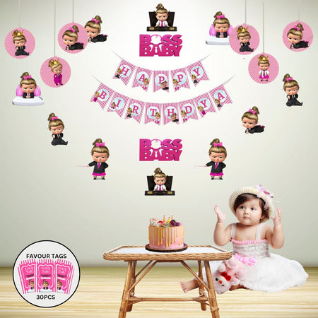 Boss Baby Girl Adventure Birthday Party Decorations - Banner, Cutouts, Favor Tags, Danglers (6 inches/250 GSM Cardstock/Mixcolour/61Pcs)