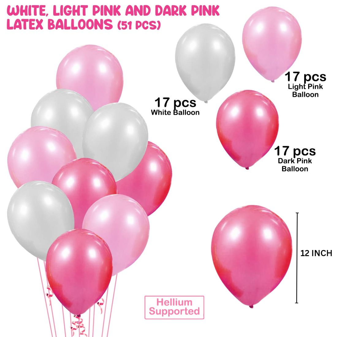 Pink White Metallic Balloons Pack - 50Pcs for Kids Girls Women Birthday, Baby Shower, Princess Decorations