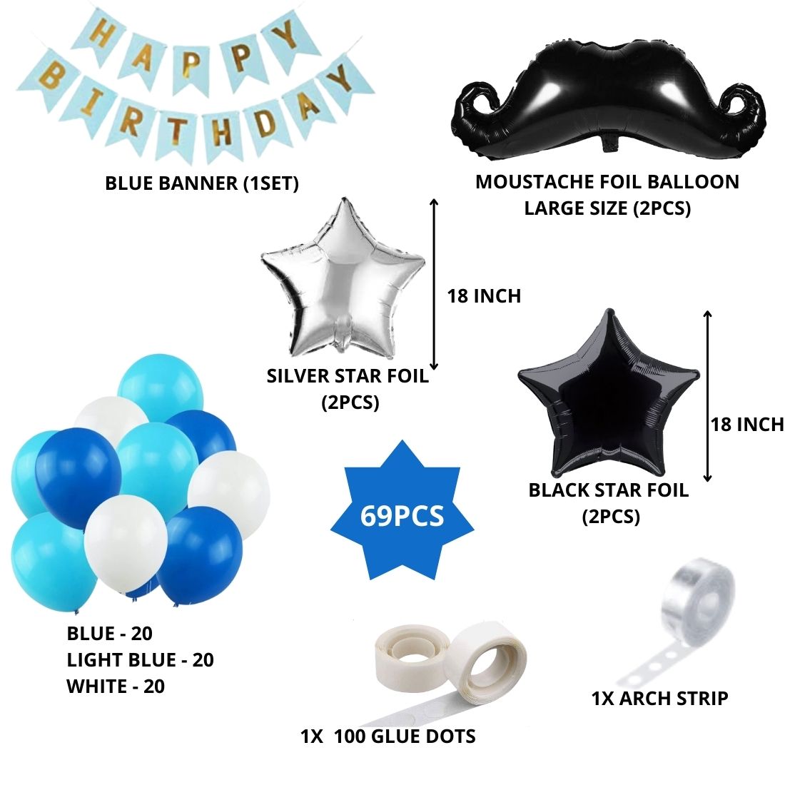Moustache Theme Birthday Balloon Decoration DIY Kit (69Pcs)
