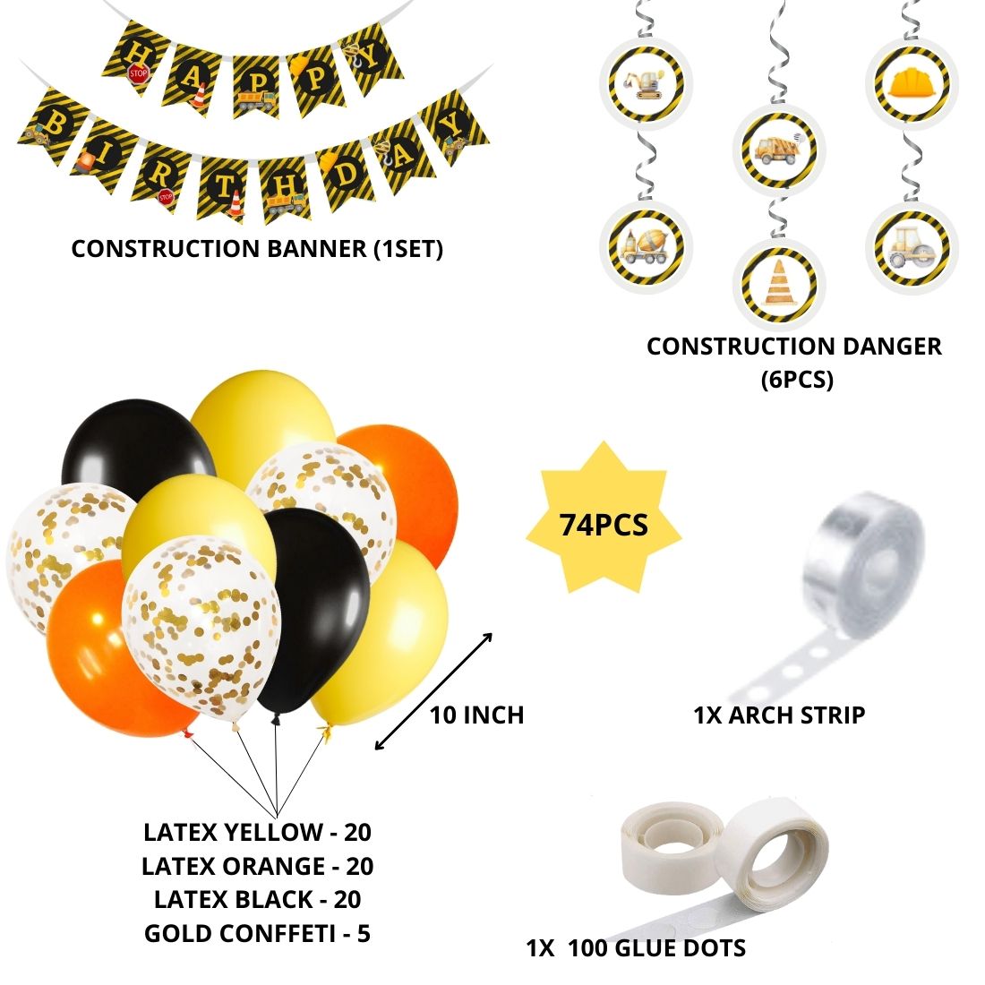 Construction Theme Birthday Balloon Decoration DIY Kit (74Pcs)