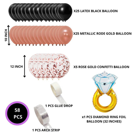 Diamond Ring Shape Foil Balloons for Engagement Decoration, Rose Gold Confetti, Latex Black and Metallic Rose Gold Balloon (58 Pcs)