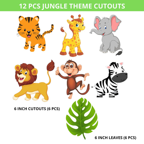 Load image into Gallery viewer, Jungle Theme Birthday Party Decorations - Banner, Cutouts, Favor Tags, Danglers (6 inches/250 GSM Cardstock/Mixcolour/61Pcs)
