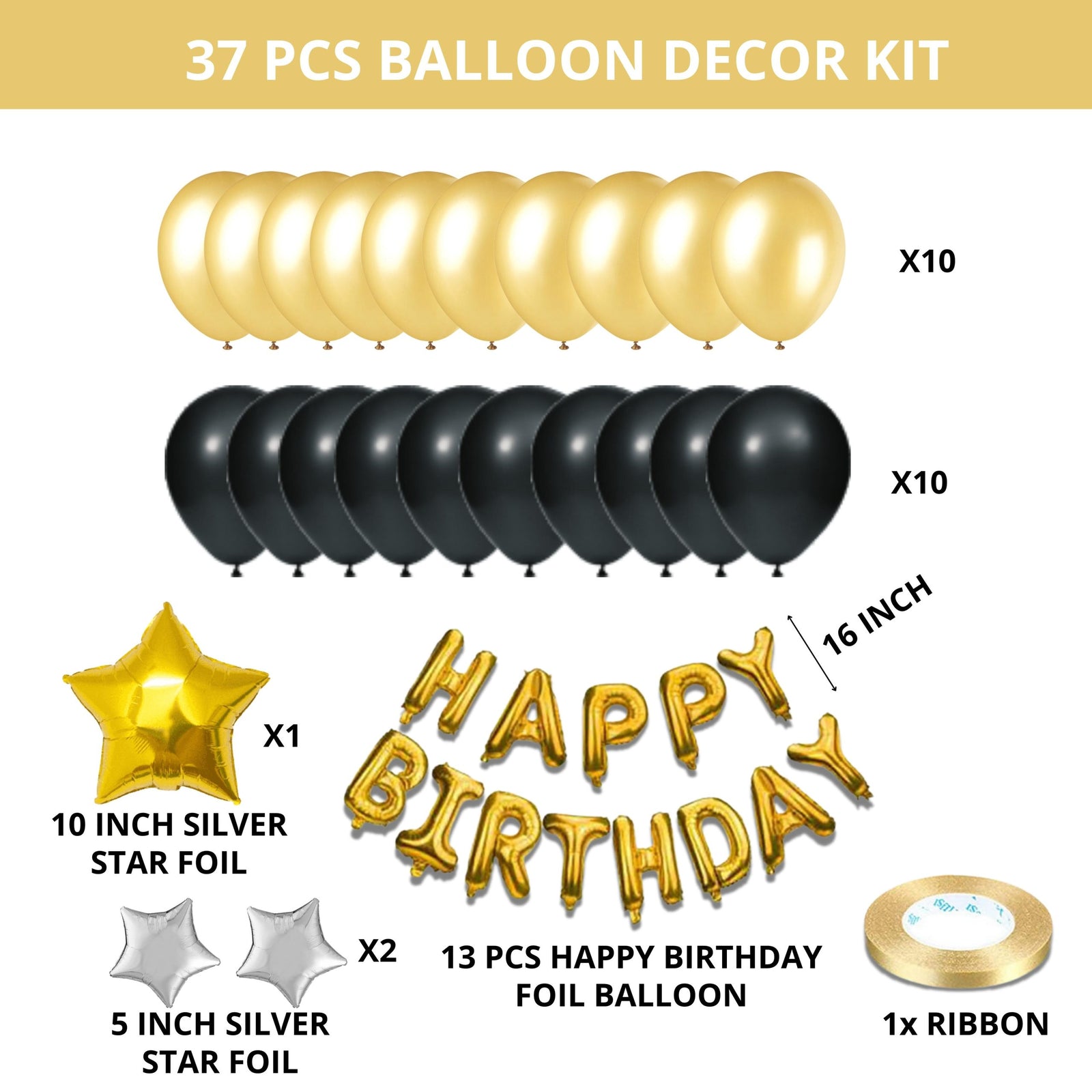 37PCS Happy Birthday Metallic Gold & Black Balloon Decor Kit