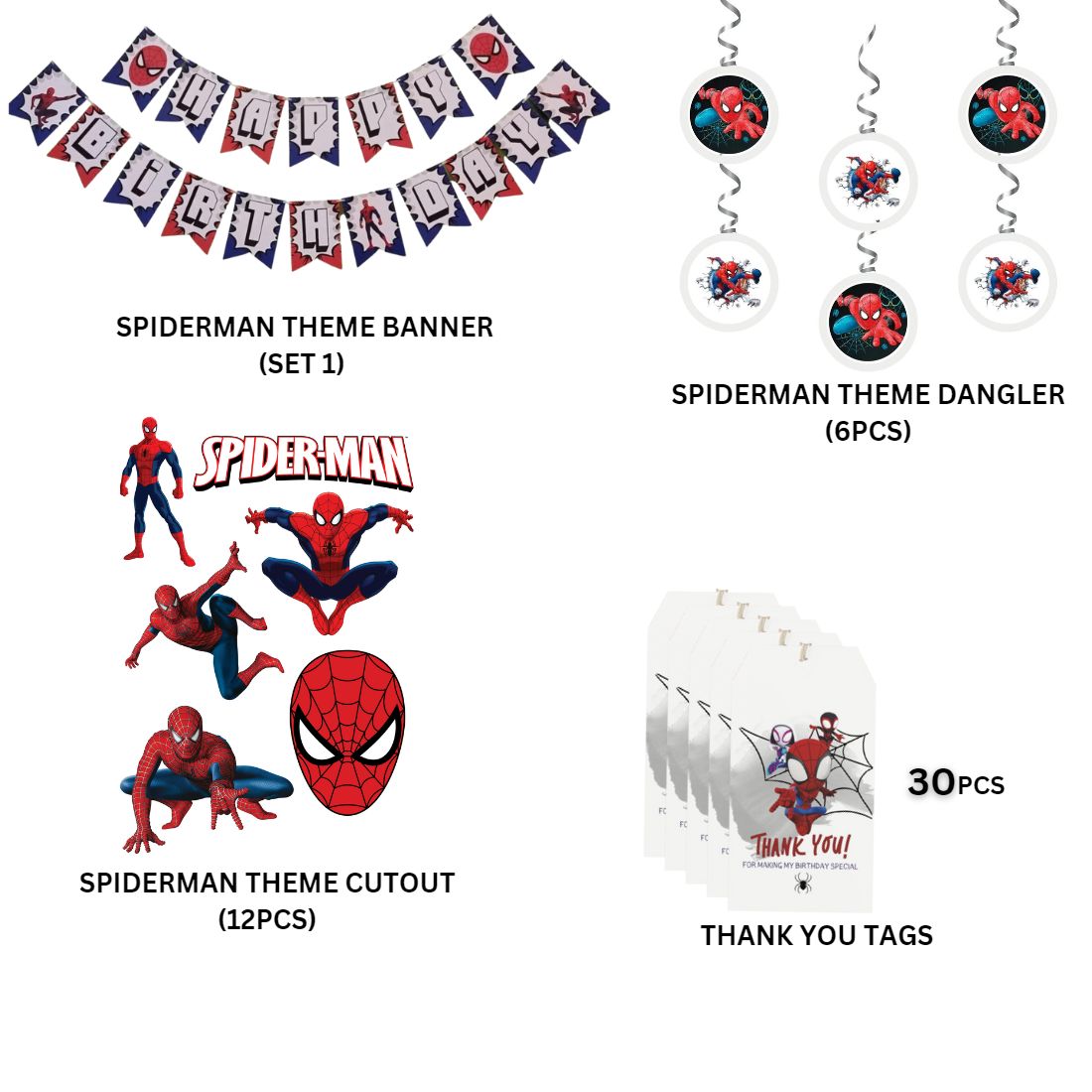 Spider Superhero Adventure Birthday Party Decorations - Banner, Cutouts, Favor Tags, (6 Inches/250 GSM Cardstock/Mixcolour/61Pcs)