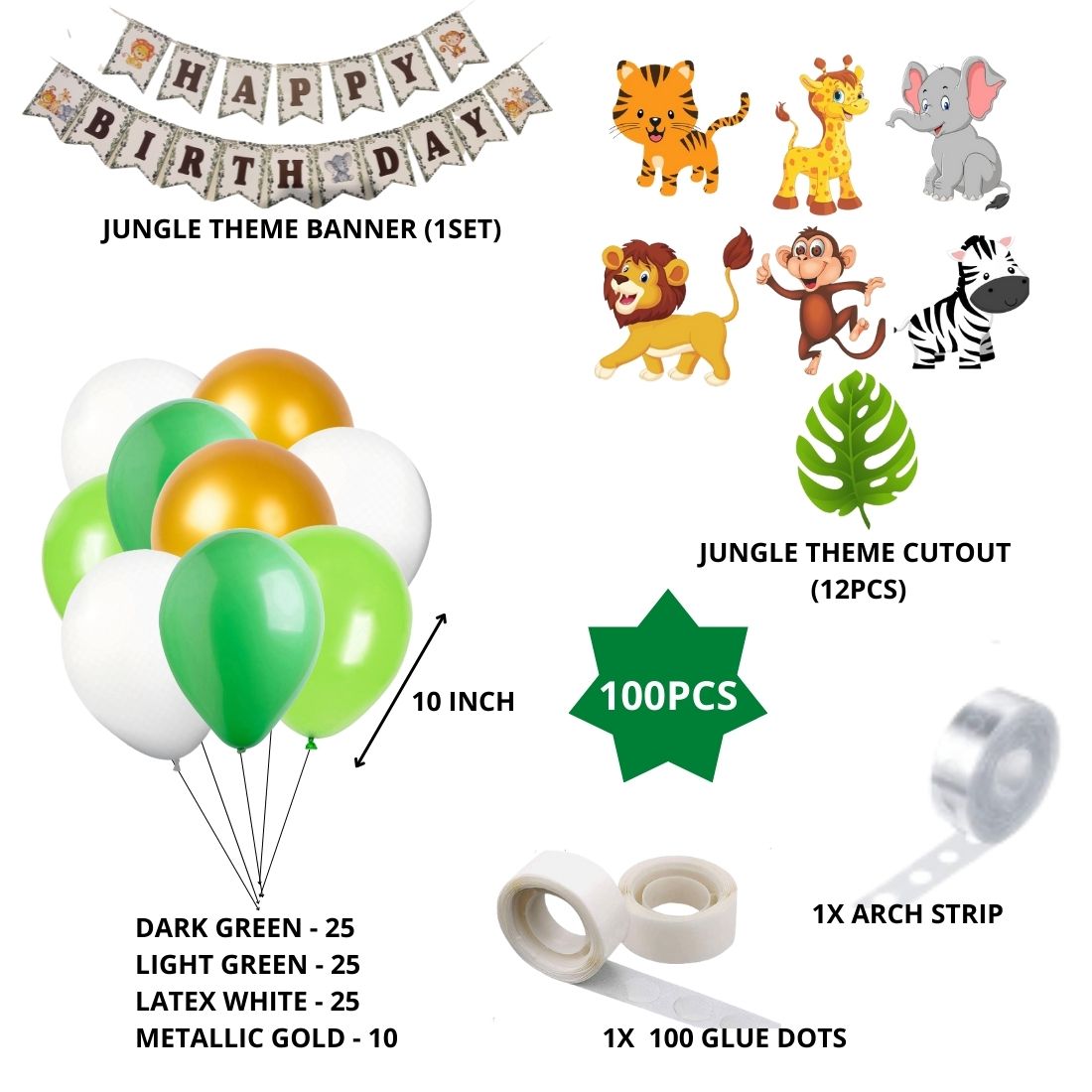 Jungle Theme Happy Birthday Party Decoration Combo,Jungle/Safari Themes Party Favors for Kids/1st Birthday Decoration (100pcs)