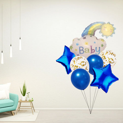 Load image into Gallery viewer, 7 Pcs Set Star, Confetti, Latex Balloon &amp; Baby Blue Foil Balloon
