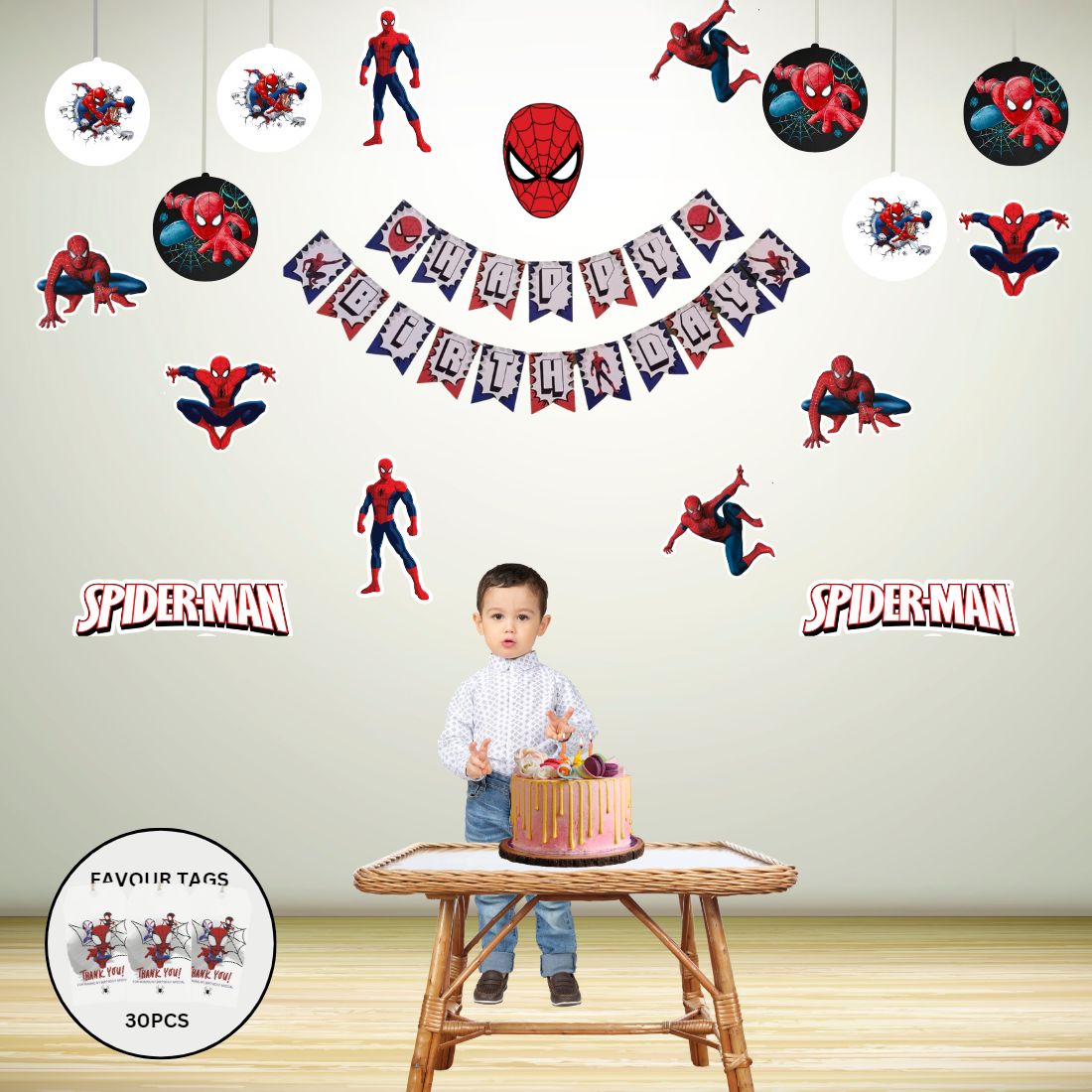 Spider Superhero Adventure Birthday Party Decorations - Banner, Cutouts, Favor Tags, (6 Inches/250 GSM Cardstock/Mixcolour/61Pcs)