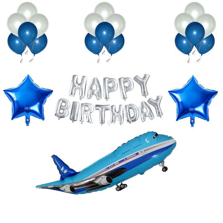 Aeroplane Foil Balloons With Happy Birthday Foil with Blue Star and White ,Blue Balloons, Birthday Theme Party Decoration (45 Pcs)