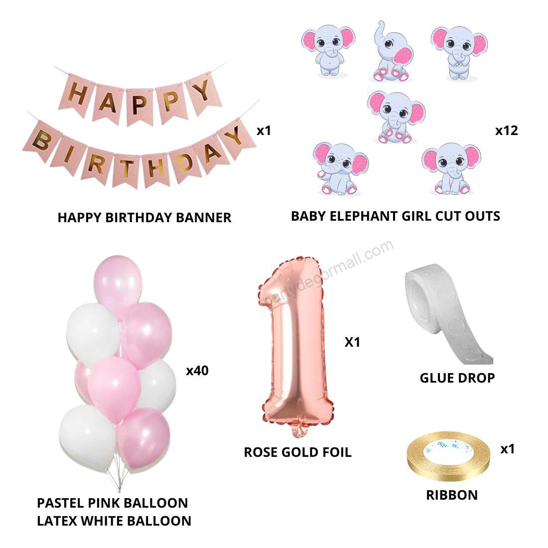 Baby Elephant Girl Theme Balloon with Number Foil Decor DIY Kit (56 Pcs)